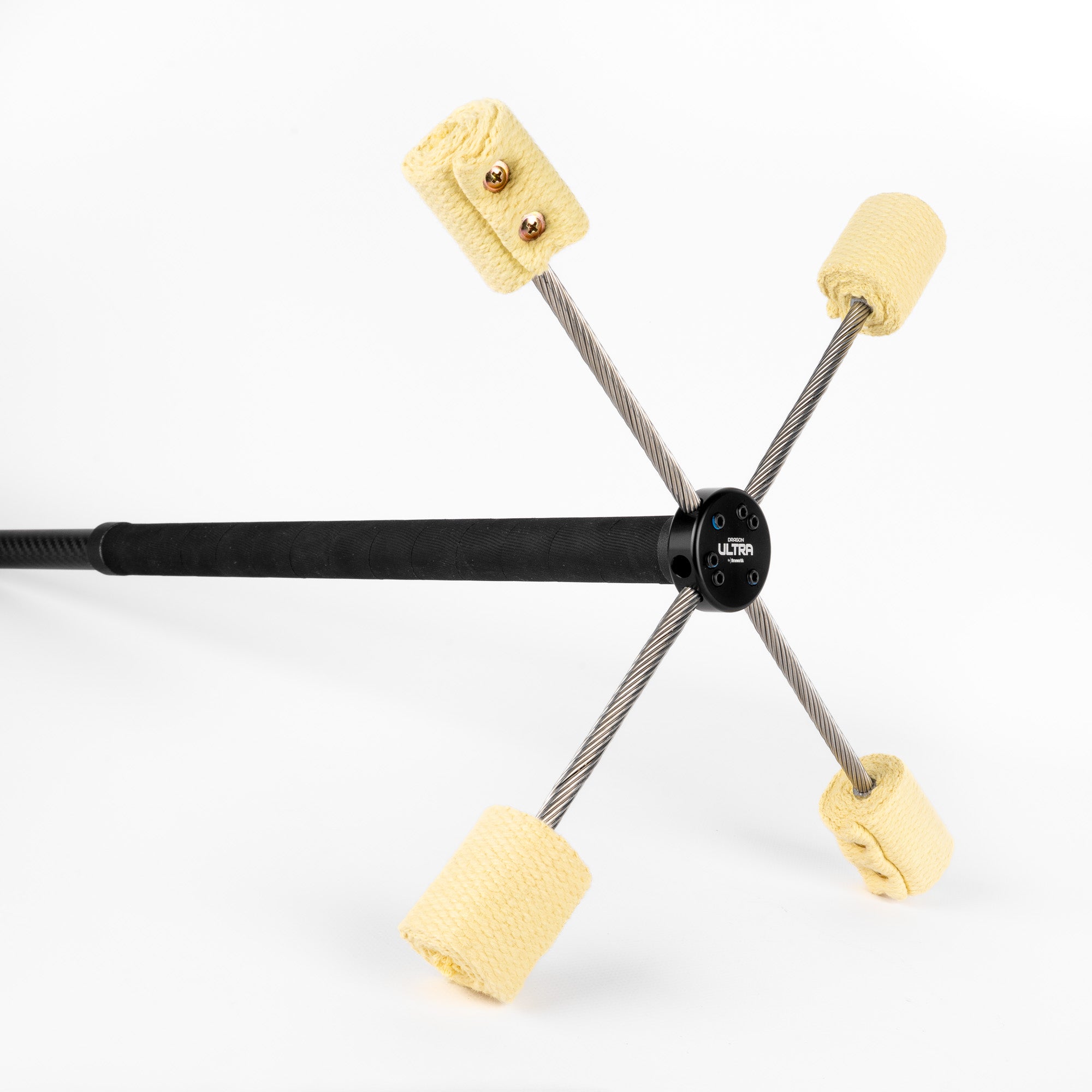 Close-up of a collapsible dragon staff with Ultra hub and four Sushi fire spokes attached, carbon fibre handle with black F Grip.