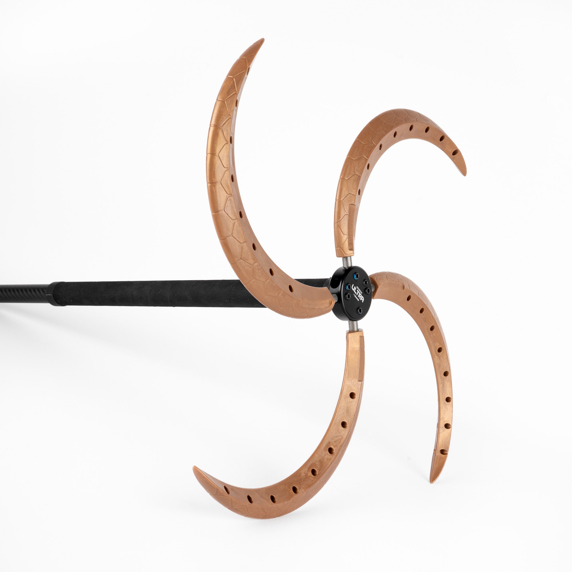Assembled Fusion Dragon staff with three bronze spiral claw spokes attached to an Ultra hub.